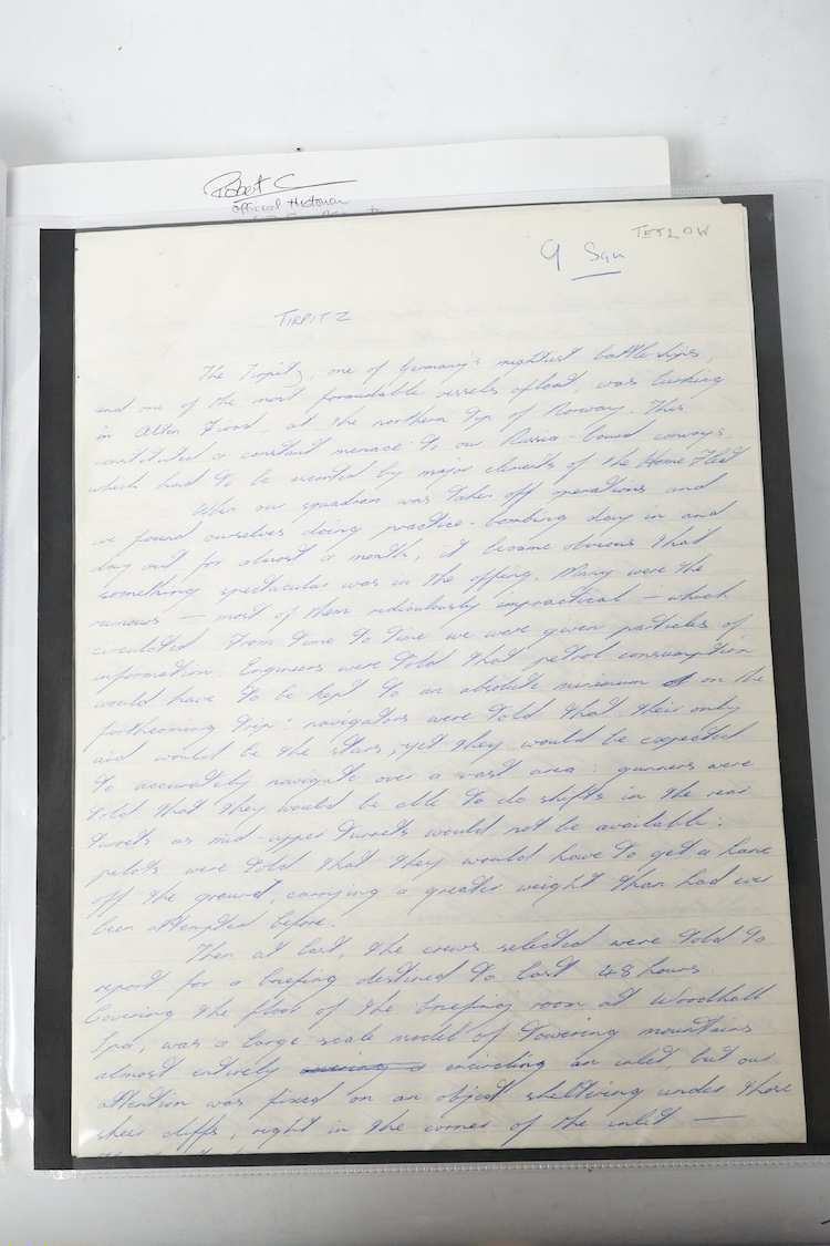 An handwritten record of the sinking of the German battleship The Tirpitz by Phil Tetlow. Tetlow was a radio-telephone operator on all three missions to sink the Tirpitz, together with a copy of ‘The Wartime Profile of 6